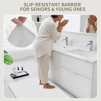 Bathroom Rugs Non Slip Washable 70x24, Extra Thick Soft Chenille Absorbent Bath Mat, High Density Barrier Non Slip Backing, Quick Dry Plush Shaggy Floor Carpet for Tub&Shower, White