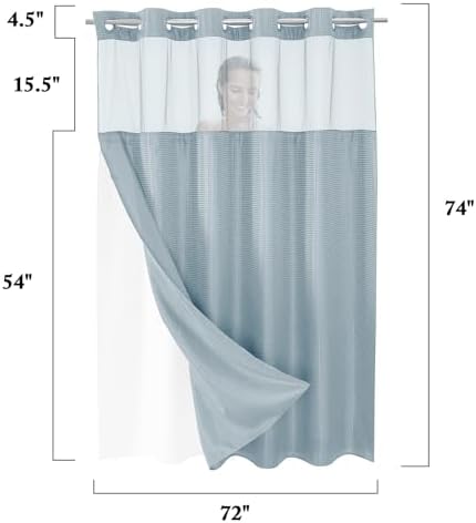 Gibelle No Hook Waffle Weave Shower Curtain with Snap-in Fabric Liner Set for Bathroom, Hotel Style with Mesh Top Window, Waterproof & Washable, Fog Blue, 72x74