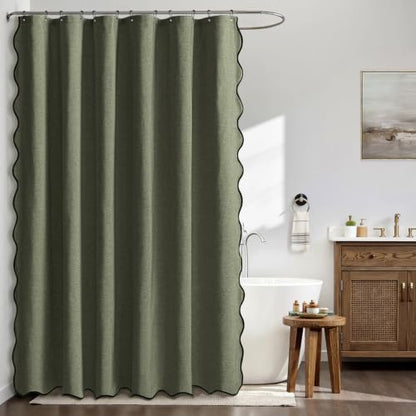 MIULEE Olive Green Scalloped Linen Shower Curtain 72x72 Inches