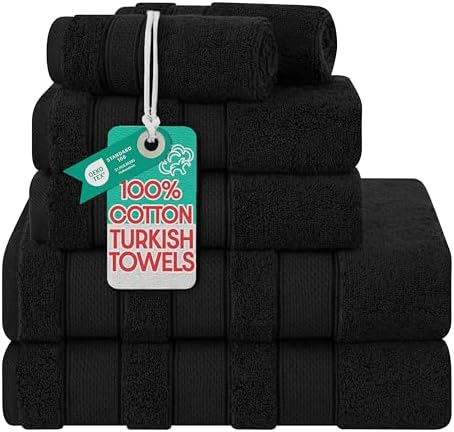 American Soft Linen Salem Turkish Bath Towel Set, 100% Cotton 600 GSM 6 Piece Towels for Bathroom, 2 Bath Towels 2 Hand Towels 2 Washcloths, Black