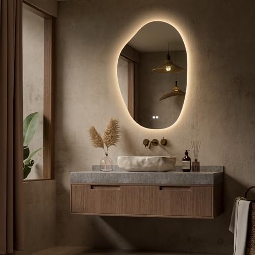 Keonjinn 24 x 36 Inch Irregular Bathroom Mirror with Lights, Tempered Glass