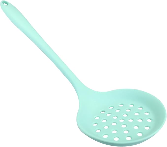 Hordion 1 Pcs Silicone Slotted Spoon, Green Strainer Spoon Non Stick Silicone Skimmer Heat Resistant Cooking Spoon