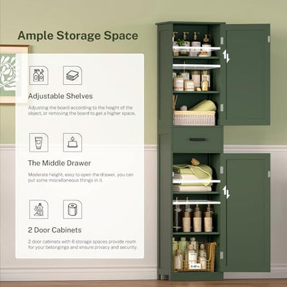 TEENFON Tall Bathroom Cabinet, Storage Cabinet with 6 Shelves & Drawer