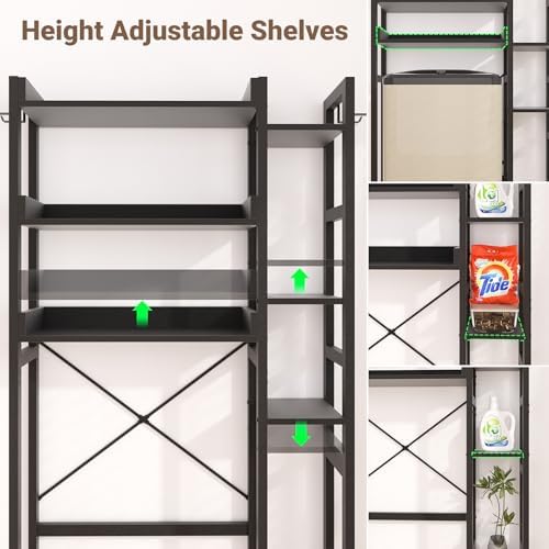 Besiost Over The Toilet Storage, 7 Tier Bathroom Organizer with Reversible Side Shelf and 2 Fabric Drawers, Adjustable Freestanding Rack Space Saver for Small Spaces, Black