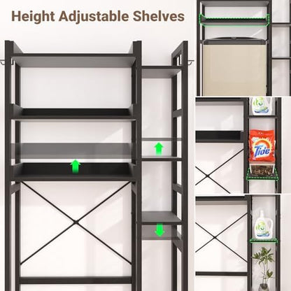 Besiost Over The Toilet Storage, 7 Tier Bathroom Organizer with Reversible Side Shelf and 2 Fabric Drawers, Adjustable Freestanding Rack Space Saver for Small Spaces, Black