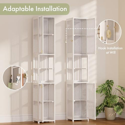 Amazer White Bathroom Storage Cabinet 70'', Bamboo Slim Storage Cabinet with Rattan Door and Adjustable Shelves, Narrow Freestanding Organizer for Living Room Kitchen