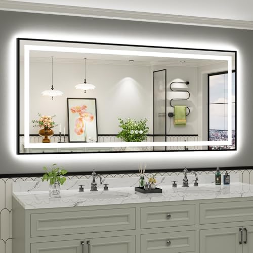 77x36 Inch LED Bathroom Mirror with Black Frame, Backlit & Front Lit