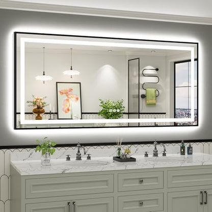 77x36 Inch LED Bathroom Mirror with Black Frame, Backlit & Front Lit