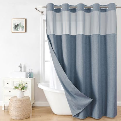 eachope No Hook Fabric Shower Curtain with Snap-in Liner,71x74 Blue Grey