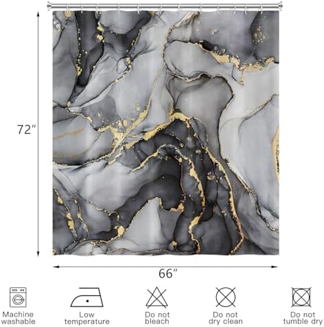 Black Marble Shower Curtain, Modern Abstract Luxury Black Gold Ink Texture Watercolor Art Bathroom Curtains Ombre Machine Washable Waterproof Fabric Bathtub Curtain Set with Hooks 66" Wx72 L