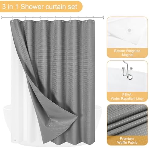Gibelle 3 in 1 Grey Shower Curtain with PEVA Liner, 12 Hooks, 72x72