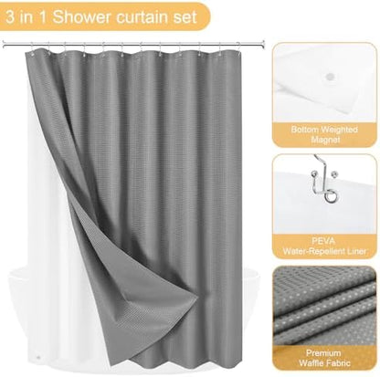 Gibelle 3 in 1 Grey Shower Curtain with PEVA Liner, 12 Hooks, 72x72