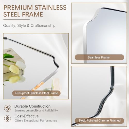 ANDY STAR 18" x 48" Chrome Full Length Mirror, Large Rectangle Bathroom Mirror, Full Body Wall Mirror with Scalloped Corner Decorative for Bedroom, Living Room (Horizontal or Vertical)