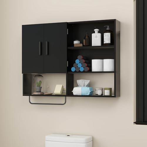 Bathroom Wall Cabinet, Medicine Cabinet with 2 Doors, Black