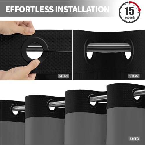 Dynamene Black Hook Free Waffle Shower Curtain & Snap-in Fabric Liner,54x75