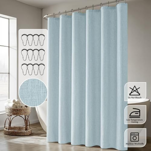 ANRODUO Fog Blue Linen Textured Fabric Shower Curtain Set - W72xL84