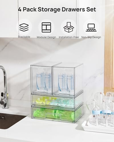 Vtopmart Clear Stackable Storage Drawers Set of 4, Baby Bottle Organizer