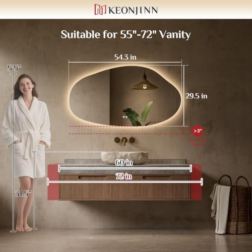 Keonjinn Irregular LED Mirror for Bathroom 55 x 30 Inch, Tempered Glass