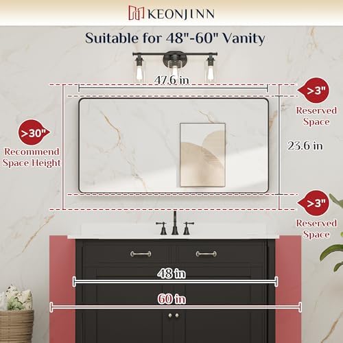 Keonjinn 48 x 24 Inch Black Bathroom Mirror, Tempered Glass Vanity Mirror