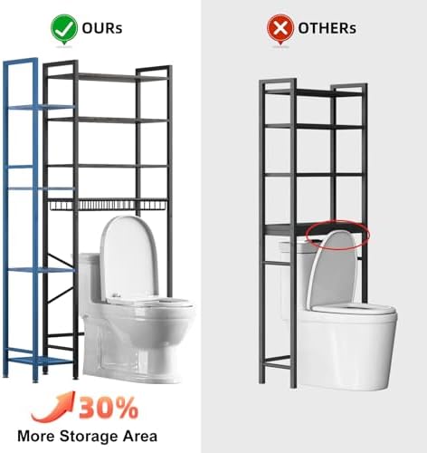 Kalrin 8-Tier Over The Toilet Storage with Side Rack, Over Toilet Storage Rack with Adjustable Shelf & Drain Basket, Freestanding Bathroom Organizer for Balcony, Laundry (Modern Grey)