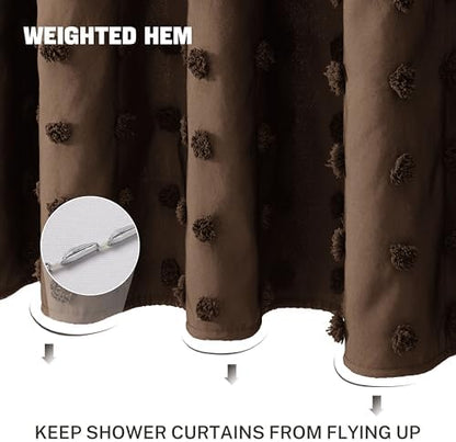 Siiluminisoy Brown Boho Farmhouse Shower Curtain Woven Fabric Shower Curtain, 72 x 84 Pleat Floral Puffs Tufted Textured Modern Farmhouse Minimalist Shower Curtain Set for Bathroom