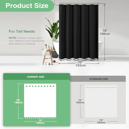 Dynamene Long Boho Farmhouse Shower Curtain Tufted Chevron 72"x78" Black