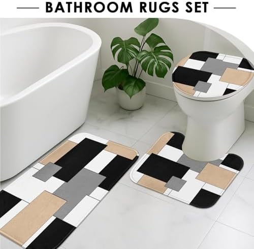 Bathroom Sets with Shower Curtain and Rugs, 4 Pcs, Geometric Beige