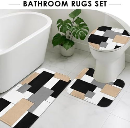 Bathroom Sets with Shower Curtain and Rugs, 4 Pcs, Geometric Beige