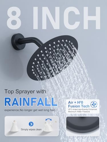 Woindo Shower Faucet Set 10" Rain Shower Head/8'' Side Shower Head and 3 Setting Handheld Ceiling Mount 3 Push Button Diverter Complete Rainfall Round Shower System Included Valve Trim Kit