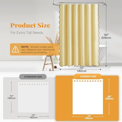 BTTN 72x90 Boho Scalloped Linen Textured Cloth Shower Curtain Set, Yellow