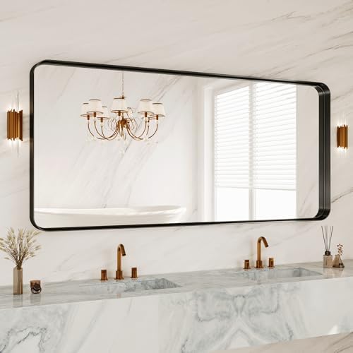 72 x 32 Inch Black Metal Framed Bathroom Mirror for Wall, Matte Framed Rounded Rectangular Modern Mirrors for Over Sink, Anti-Rust, HD Tempered Glass, Farmhouse, Hangs Horizontally or Vertically