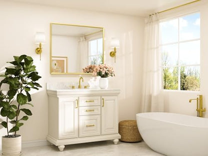 TETOTE Brushed Gold Frame Mirror for Bathroom Wall 42" x 36" Brushed Brass Beveled Rectangle Bathroom Vanity Mirror for Over Sink, Bedroom, Entryway, Living Room, Tempered Glass, Stronger Frame