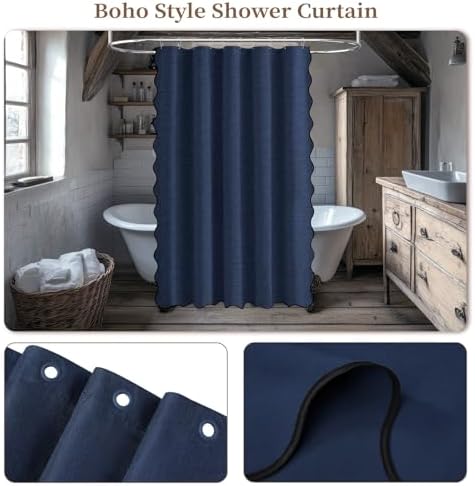 BTTN Boho Scalloped Linen Textured Cloth Shower Curtain, 60x84, Navy Blue