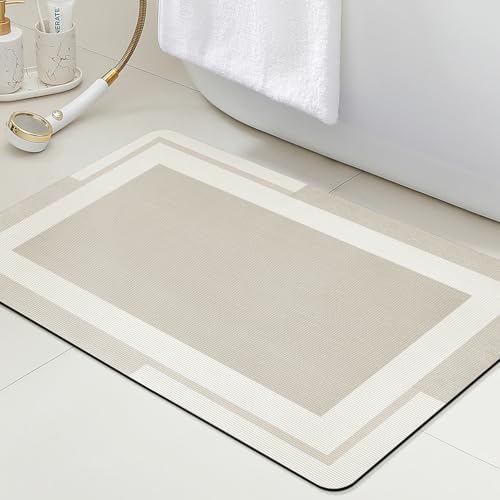 ACCUMTEK Non Slip Bath Mat, Thin Bathroom Rugs Fit Under Door, Quick Dry Bath Mats, Machine Washable Bath Rugs for Bathroom, Bathtub & Kitchen, Bathtub, Light Beige/Bordered/24 x17