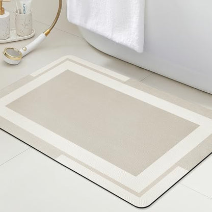 ACCUMTEK Non Slip Bath Mat, Thin Bathroom Rugs Fit Under Door, Quick Dry Bath Mats, Machine Washable Bath Rugs for Bathroom, Bathtub & Kitchen, Bathtub, Light Beige/Bordered/24 x17
