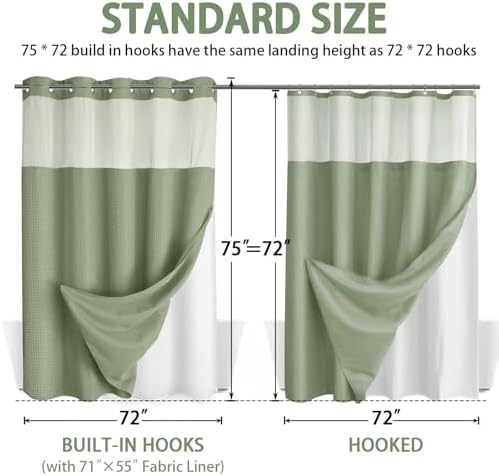No Hook Shower Curtain with Liner Set Hotel Waffle Sage Green 72W X 75L