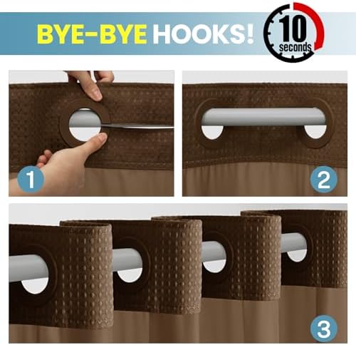 SORTTO No Hook Waffle Shower Curtain with Snap in Liner Set, 71x74, Brown