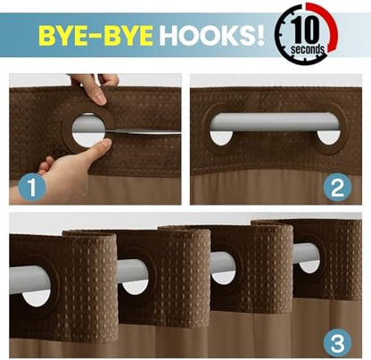 SORTTO No Hook Waffle Shower Curtain with Snap in Liner Set, 71x74, Brown