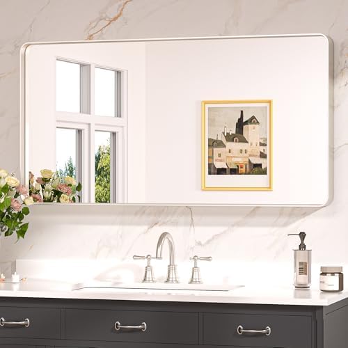 Keonjinn 42 x 20 Inch Brushed Nickel Bathroom Mirrors for Over Sink