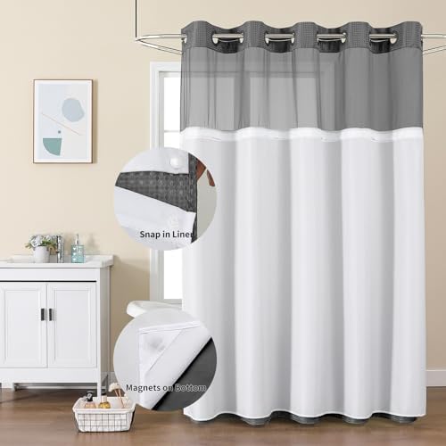 Colorful Star Charcoal Grey No Hook Waffle Shower Curtain Set, 72 x 81 Inch