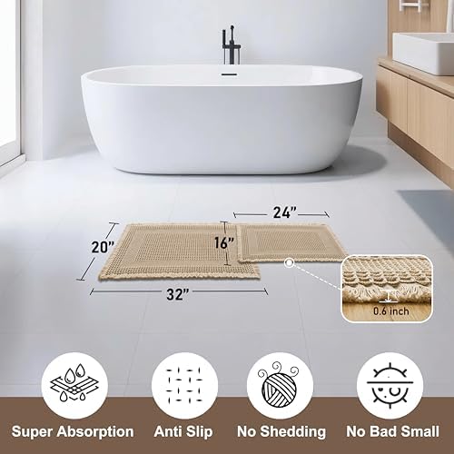 JIUZHEN Set of 2 Waffle Bath Mats Boho Bath Rugs 16x24&20x32, Loop-Brown