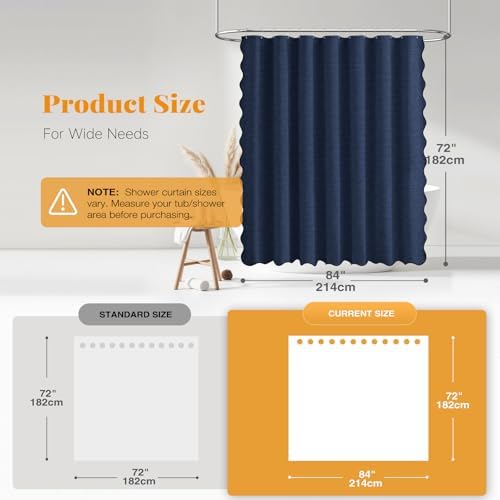 BTTN 84x72 Boho Scalloped Linen Textured Cloth Shower Curtain, Navy Blue