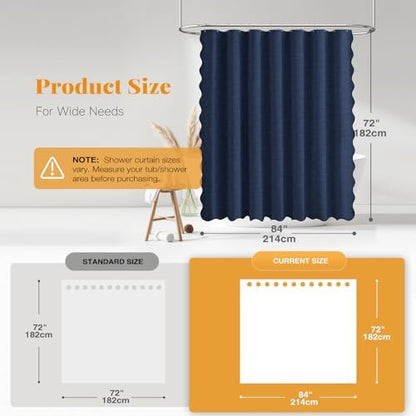 BTTN 84x72 Boho Scalloped Linen Textured Cloth Shower Curtain, Navy Blue