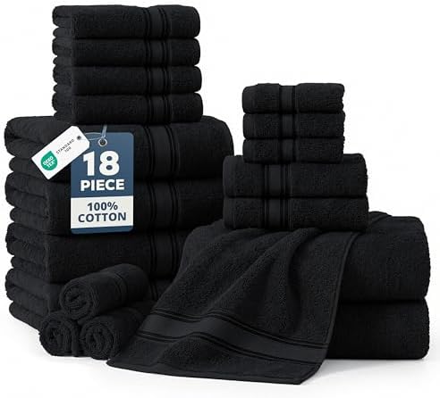 LANE LINEN Large Bath Towel Set Absorbent Quick Dry 100% Cotton - Black