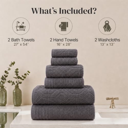 Modern Threads 6 Piece Bath Towel Set – Bathroom Towel Set with 2 Bath Towels, 2 Hand Towels & 2 Washcloths – 100% Cotton, Soft & Absorbent – Geometric (Charcoal)
