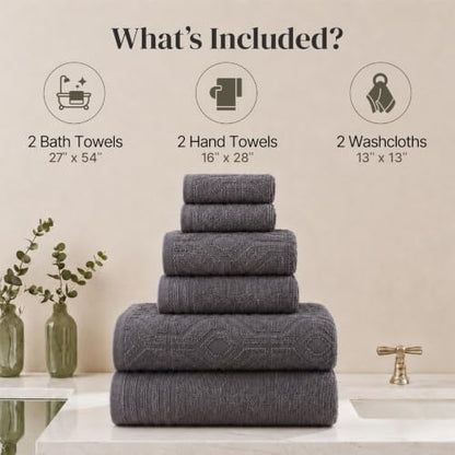 Modern Threads 6 Piece Bath Towel Set – Bathroom Towel Set with 2 Bath Towels, 2 Hand Towels & 2 Washcloths – 100% Cotton, Soft & Absorbent – Geometric (Charcoal)