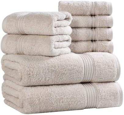 Superior Egyptian Cotton 8-Piece Towel Set, Assorted Towels for Home Bathroom, Master, Guest Bath, Decor Essentials, Includes 2 Bath, 2 Hand, 4 Face Towels/Washcloths, Quick Dry, Absorbent, Stone