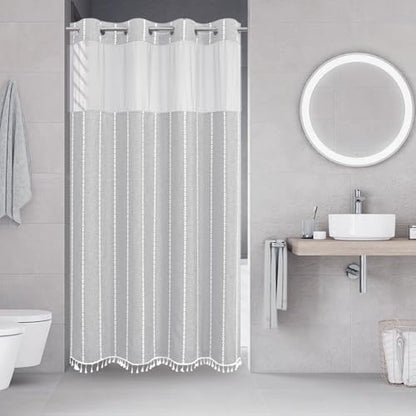 eachope No Hook Stall Shower Curtain with Snap-in Fabric Liner - 54x80 Heavy-Duty Linen Textured Striped Design,Narrow Rustic Modern Farmhouse Bohemian Bathroom Curtain,Water-Repellent,Grey/Gray