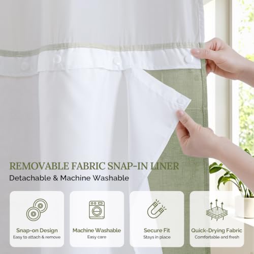RiverDream Farmhouse No Hooks Shower Curtain with Snap-in Liner,Green,71x86