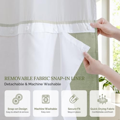 RiverDream Farmhouse No Hooks Shower Curtain with Snap-in Liner,Green,71x74